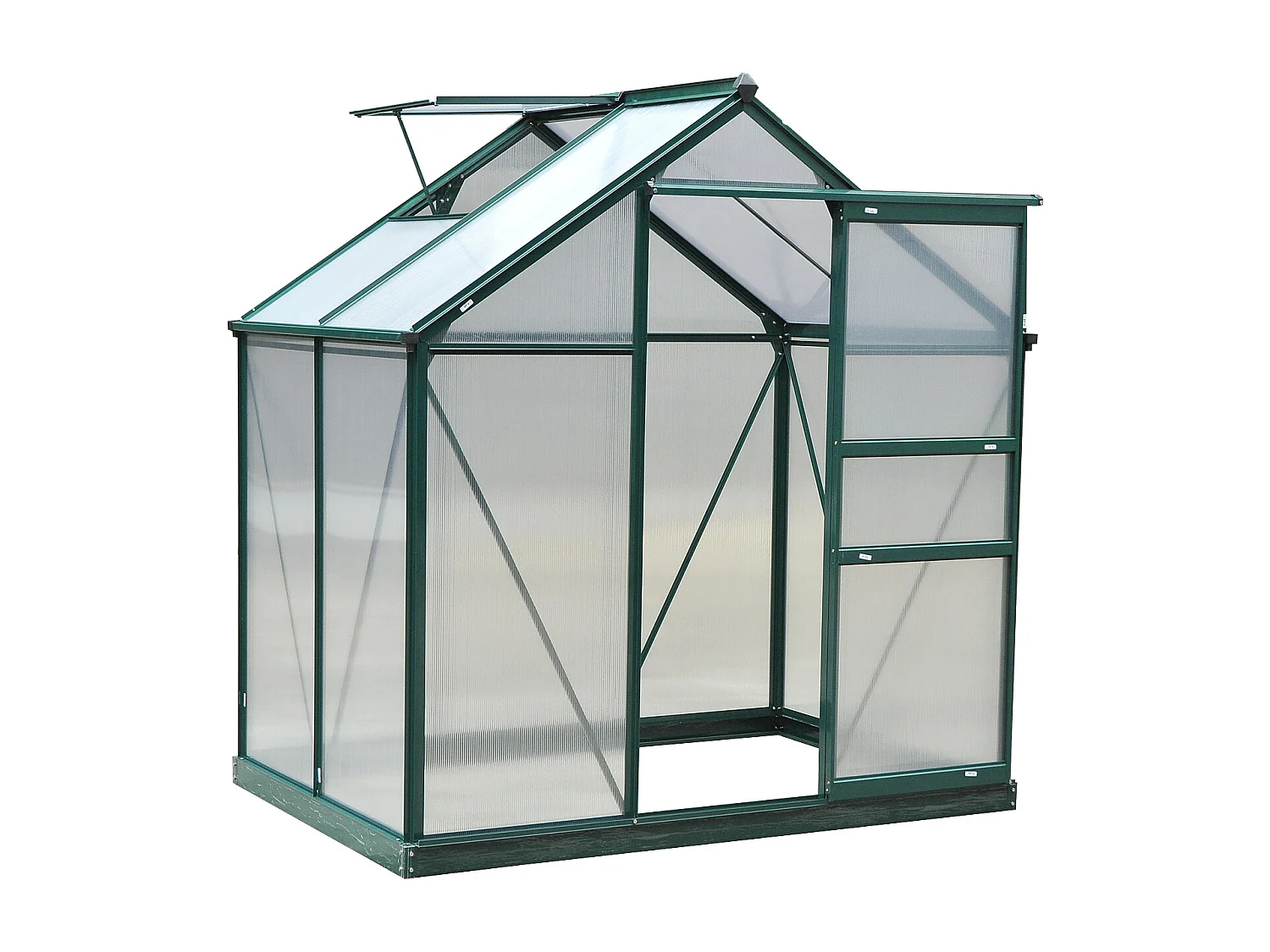 Serre de jardin aluminium polycarbonate 2,51 m² dim. 1,9L x 1,32l x 2,01H m lucarne, porte coulissante + fondation incluse alu. vert polycarbonate transparent
