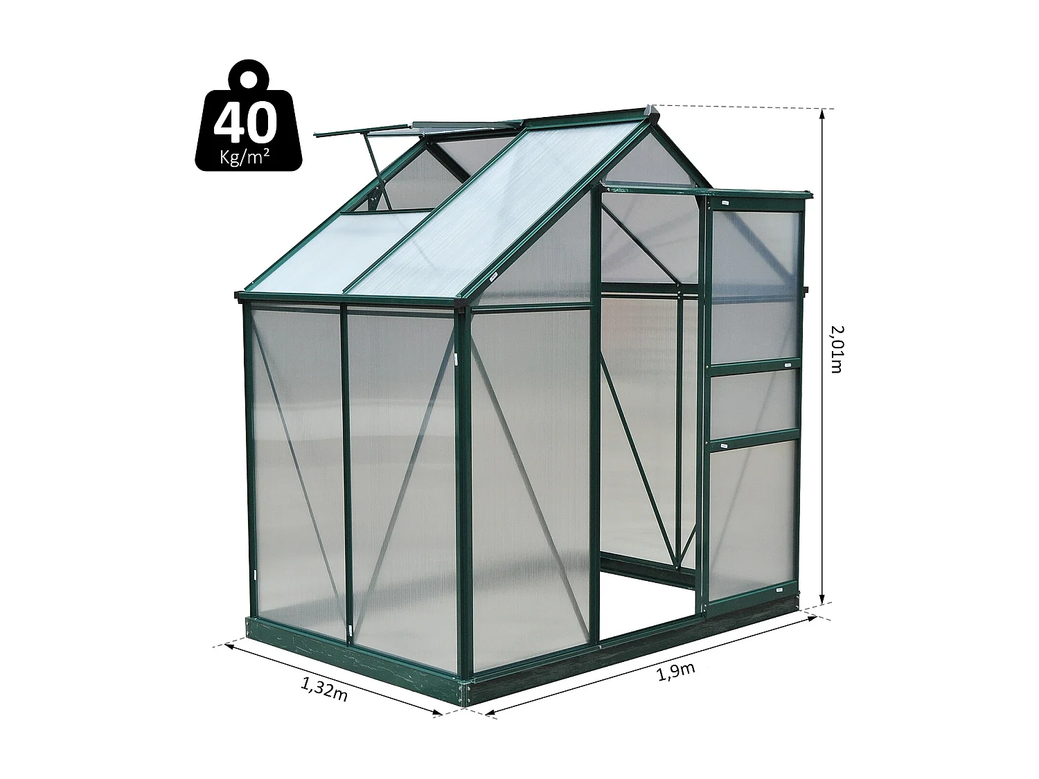 Serre de jardin aluminium polycarbonate 2,51 m² dim. 1,9L x 1,32l x 2,01H m lucarne, porte coulissante + fondation incluse alu. vert polycarbonate transparent