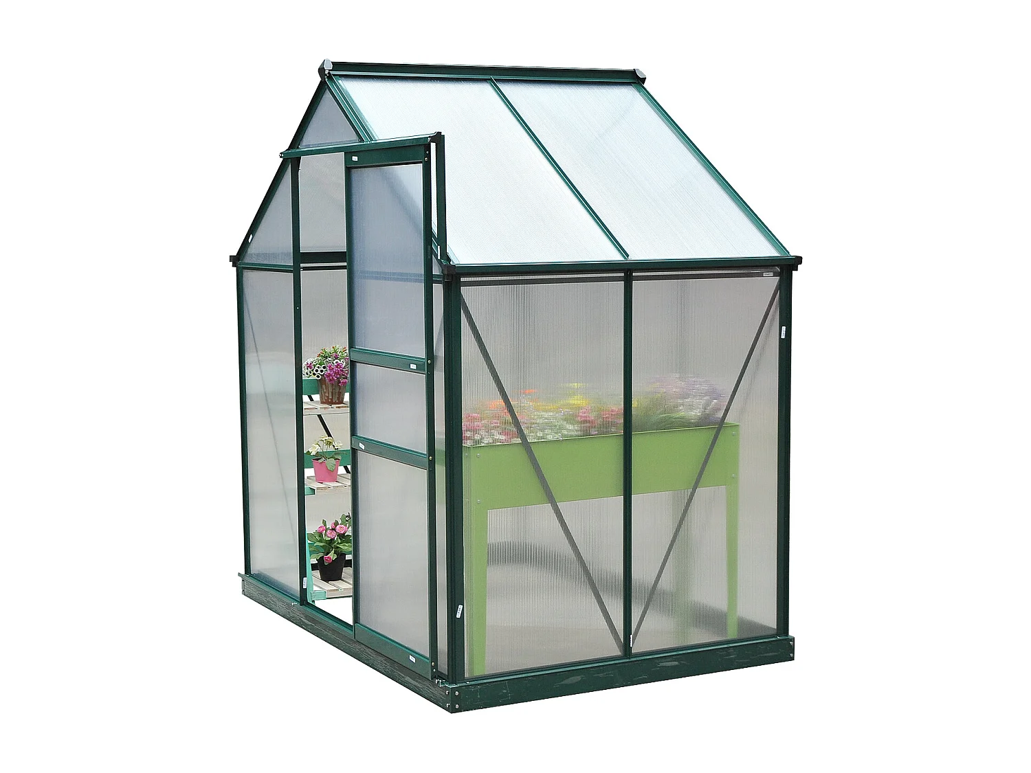Serre de jardin aluminium polycarbonate 2,51 m² dim. 1,9L x 1,32l x 2,01H m lucarne, porte coulissante + fondation incluse alu. vert polycarbonate transparent