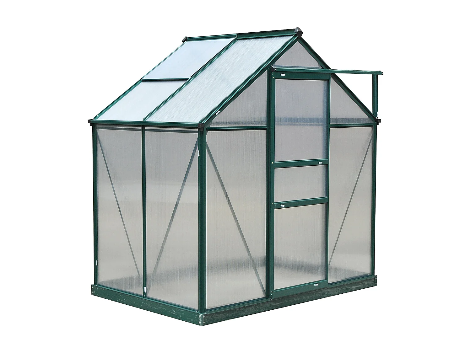 Serre de jardin aluminium polycarbonate 2,51 m² dim. 1,9L x 1,32l x 2,01H m lucarne, porte coulissante + fondation incluse alu. vert polycarbonate transparent