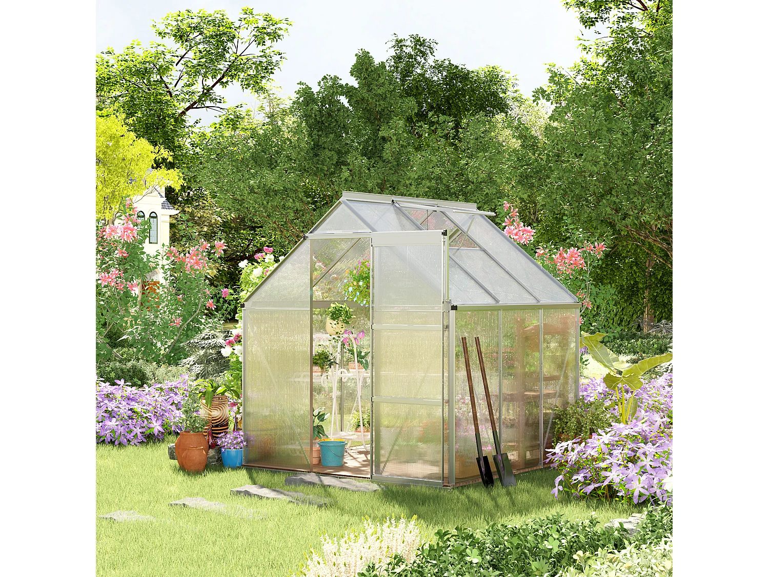 Serre de jardin aluminium polycarbonate 2,43 m² dim. 1,93L x 1,26l x 2,05H m fondation lucarne réglable porte coulissante