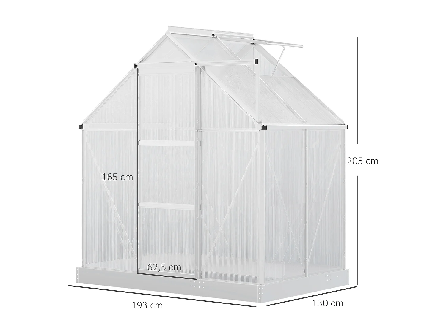 Serre de jardin aluminium polycarbonate 2,43 m² dim. 1,93L x 1,26l x 2,05H m fondation lucarne réglable porte coulissante