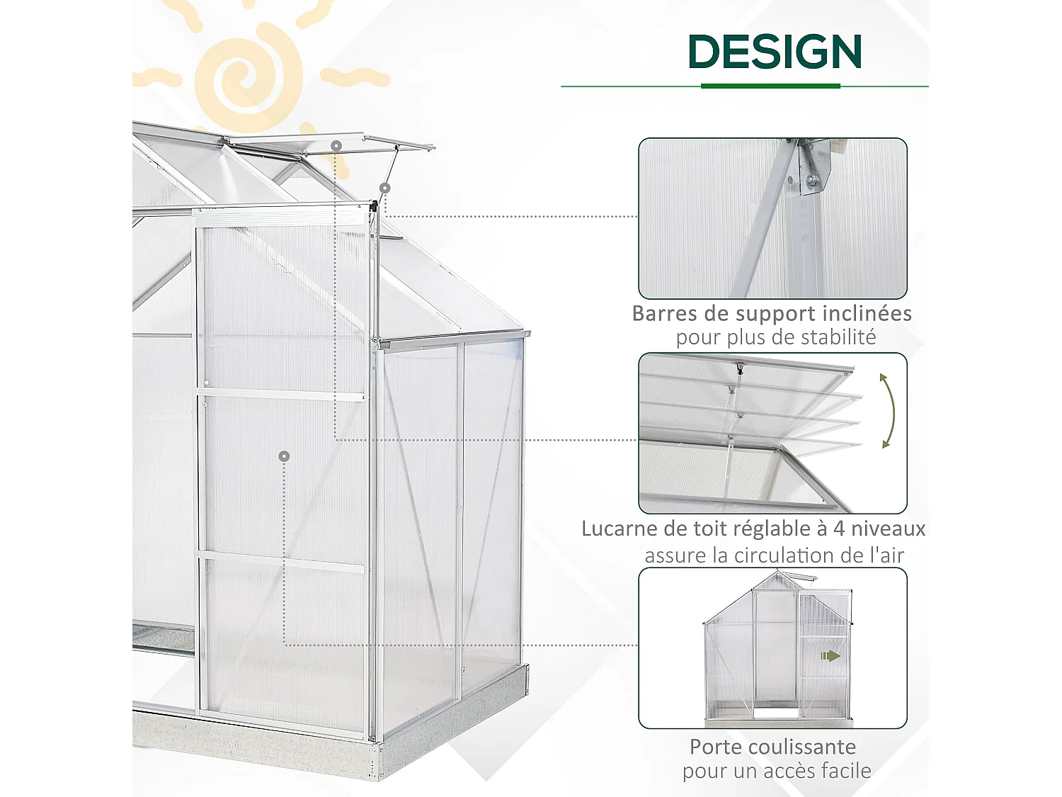 Serre de jardin aluminium polycarbonate 2,43 m² dim. 1,93L x 1,26l x 2,05H m fondation lucarne réglable porte coulissante