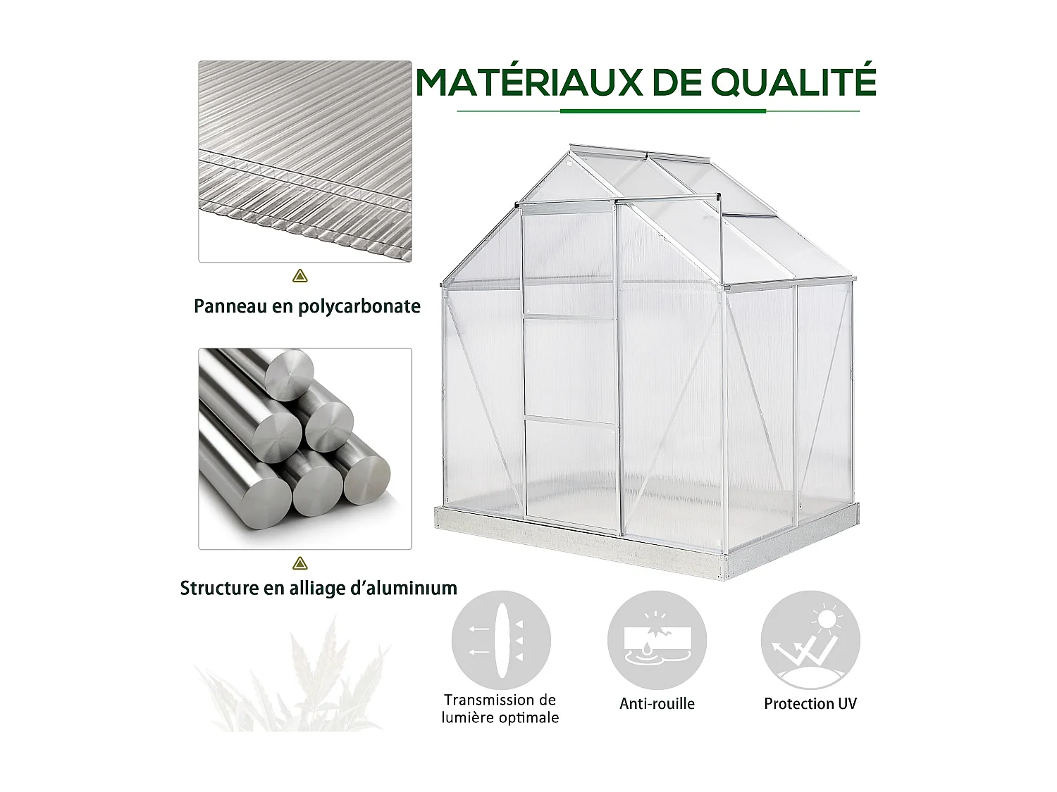 Serre de jardin aluminium polycarbonate 2,43 m² dim. 1,93L x 1,26l x 2,05H m fondation lucarne réglable porte coulissante
