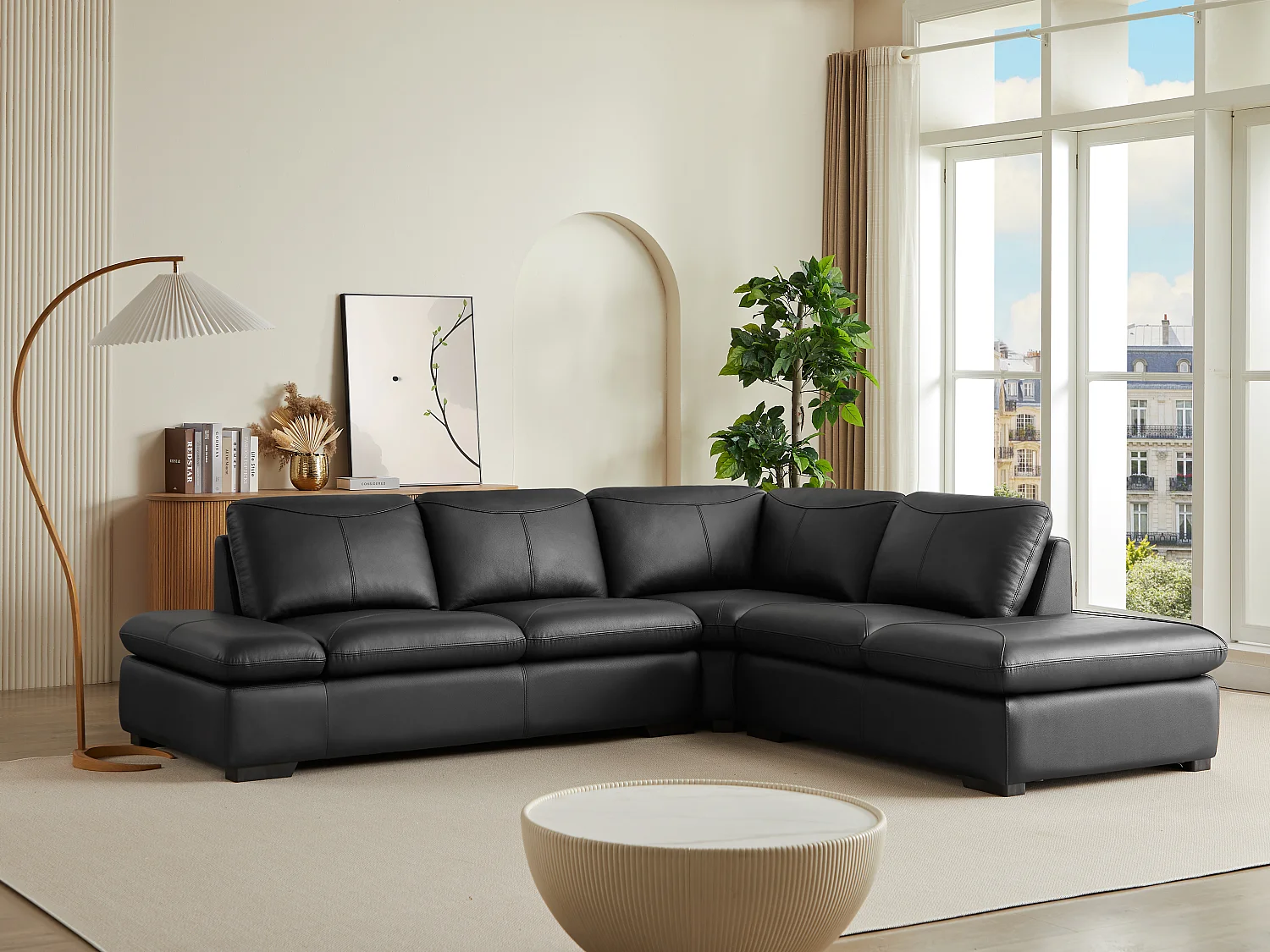 Canapé d'angle en cuir ONYX II - Noir - Angle droit