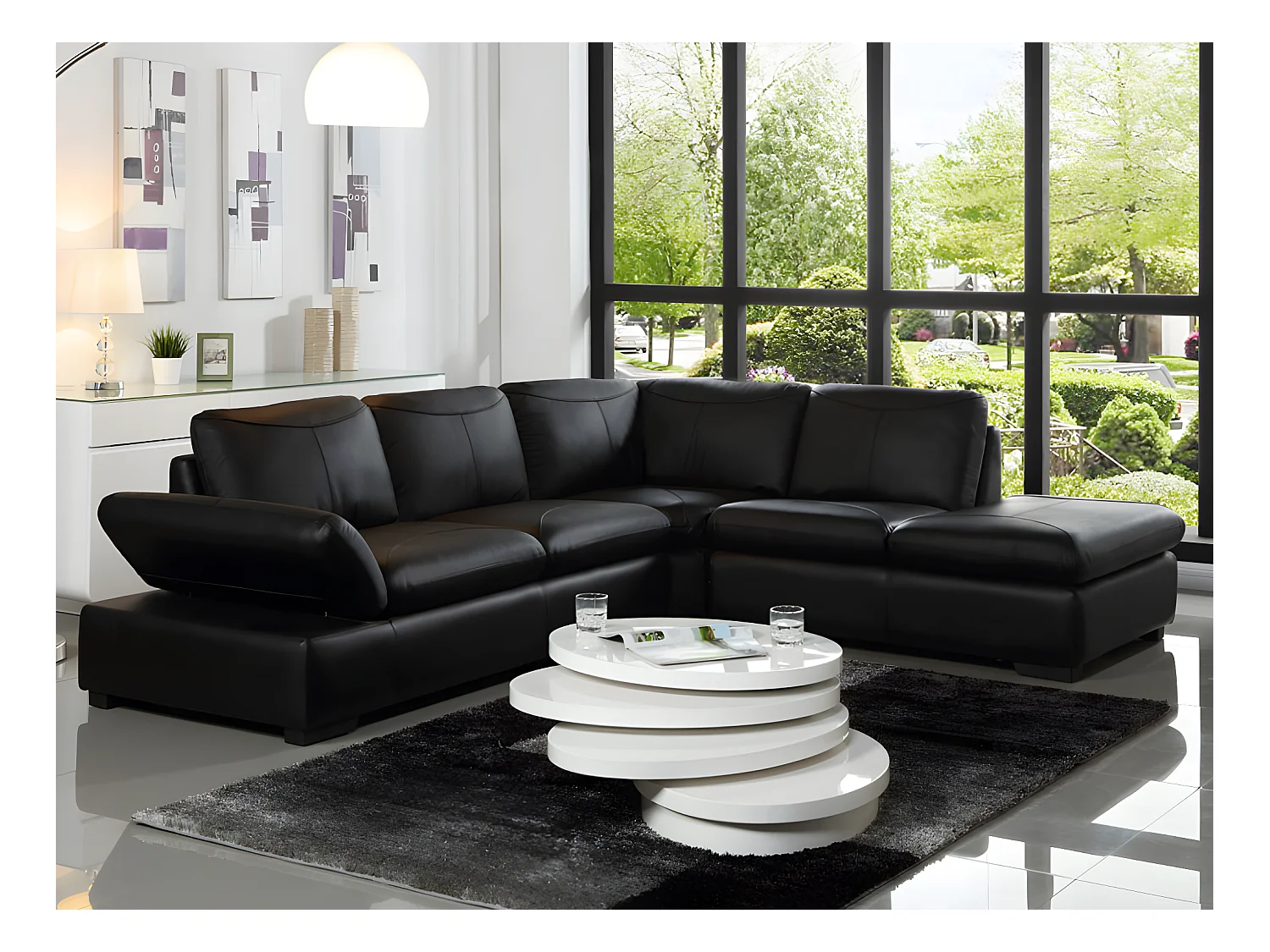 Canapé d'angle en cuir ONYX II - Noir - Angle droit