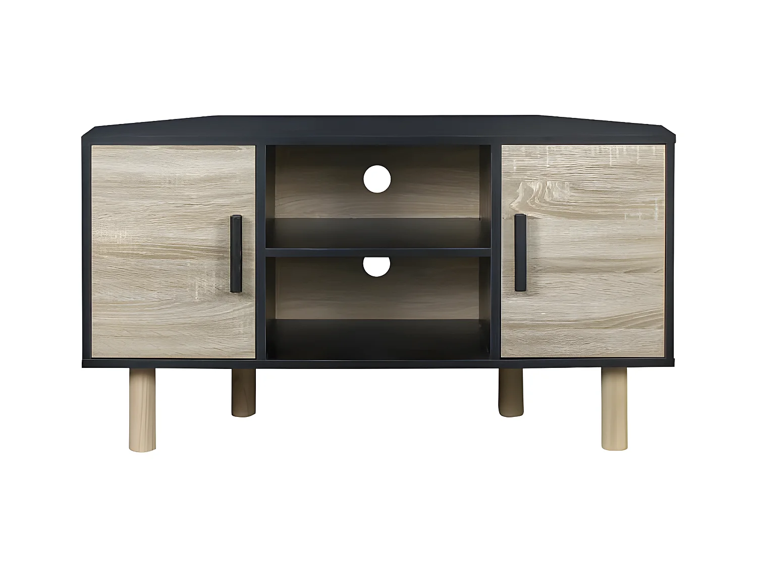 Meuble TV d'angle LILA - 2 portes - Décor mélaminé Noir - Pieds en bois massif - L90 x P35 x H55 cm