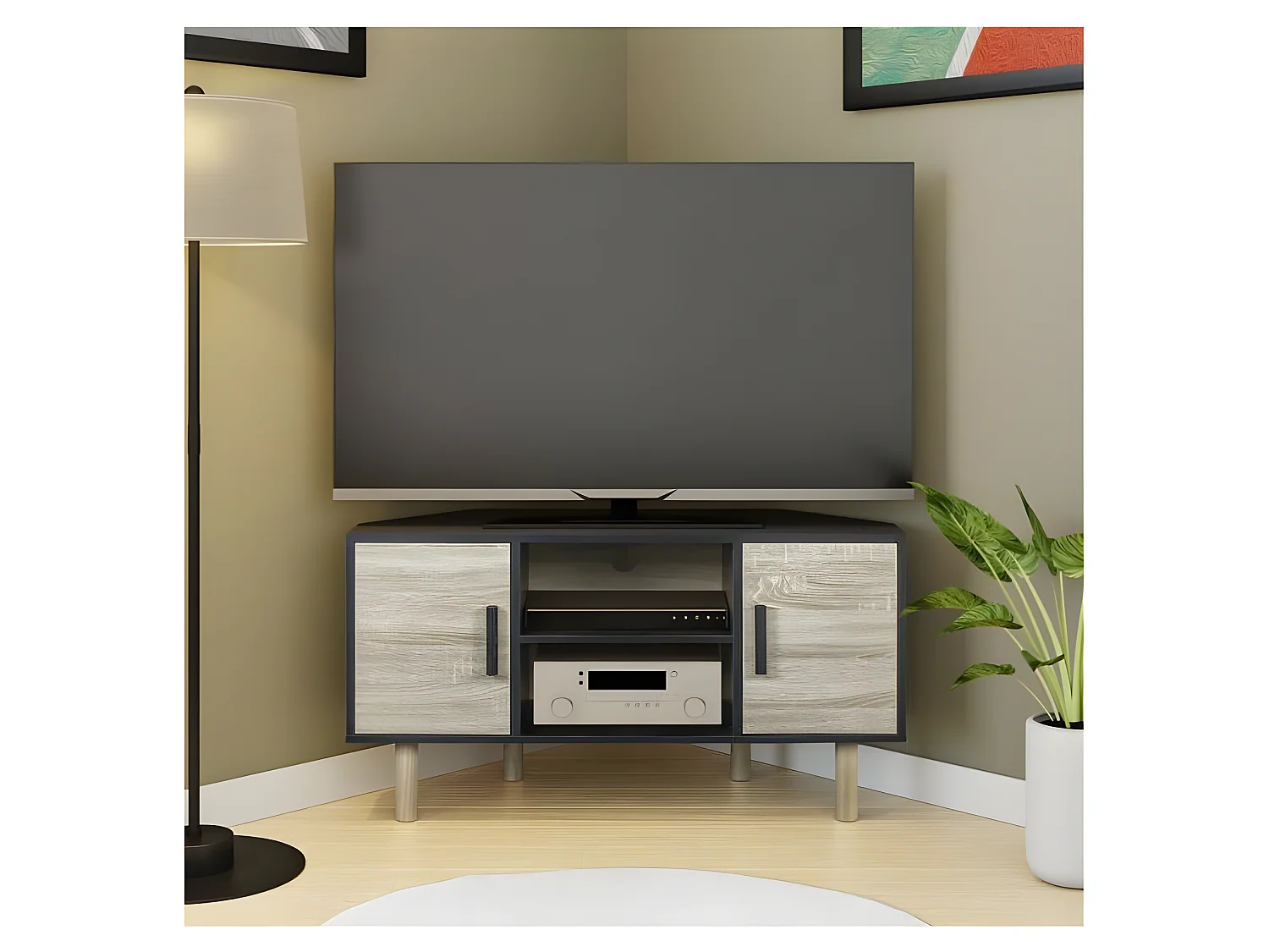 Meuble TV d'angle LILA - 2 portes - Décor mélaminé Noir - Pieds en bois massif - L90 x P35 x H55 cm