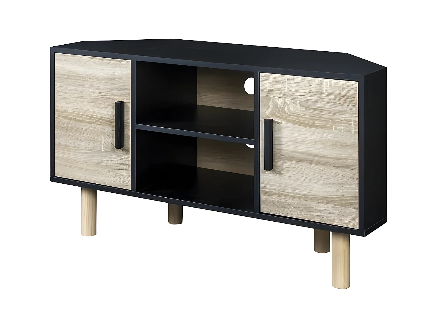 Meuble TV d'angle LILA - 2 portes - Décor mélaminé Noir - Pieds en bois massif - L90 x P35 x H55 cm