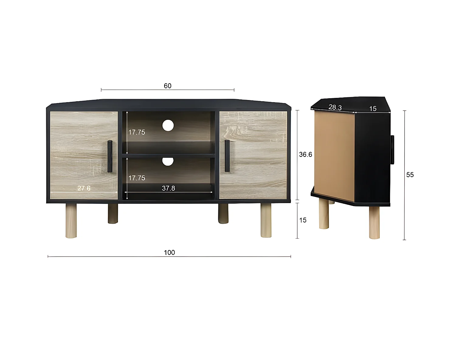 Meuble TV d'angle LILA - 2 portes - Décor mélaminé Noir - Pieds en bois massif - L90 x P35 x H55 cm