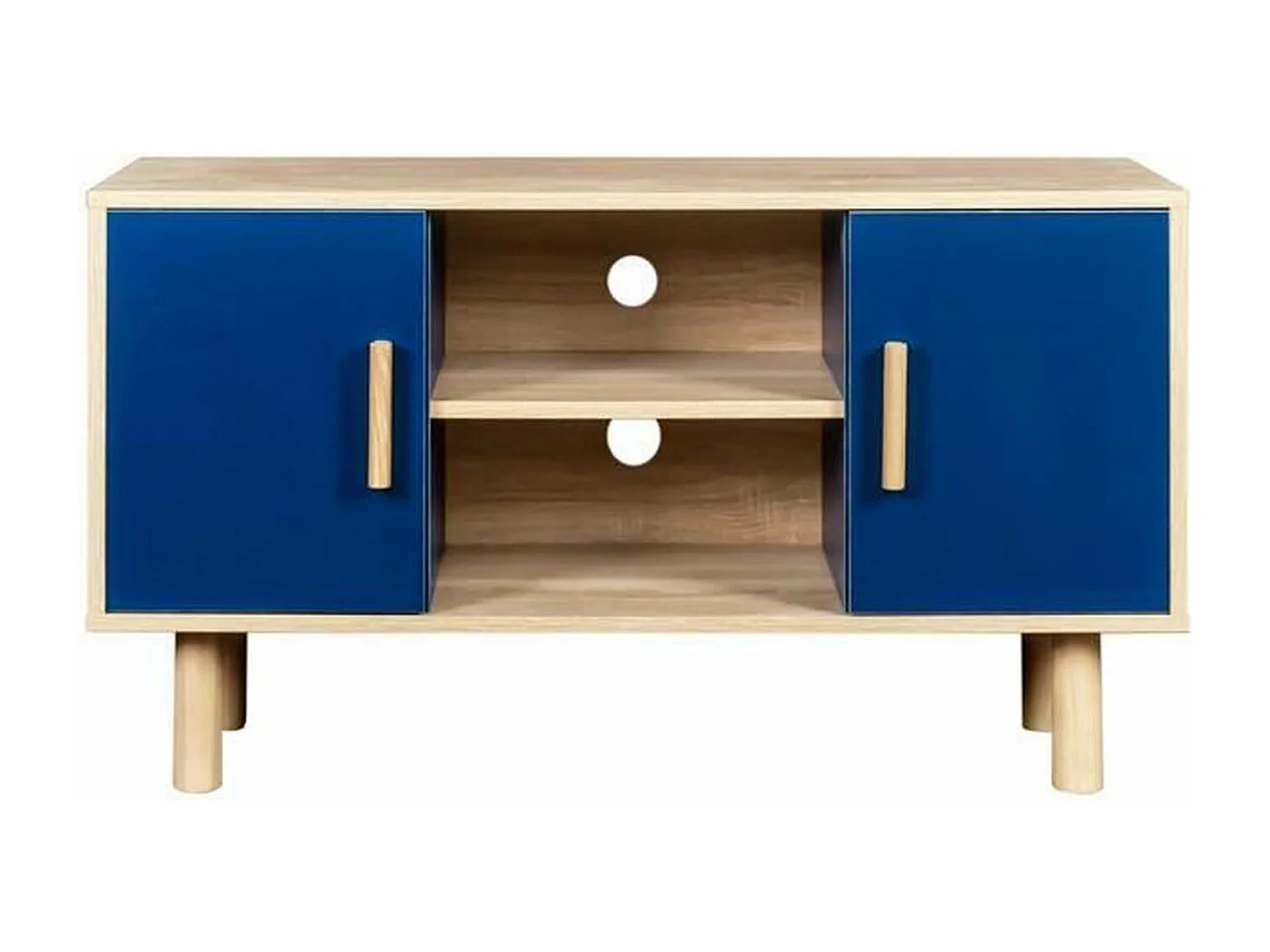 Meuble TV LILA - 2 portes - mélaminé Bleu - Pieds en bois massif - 90 x 35 x 55 cm