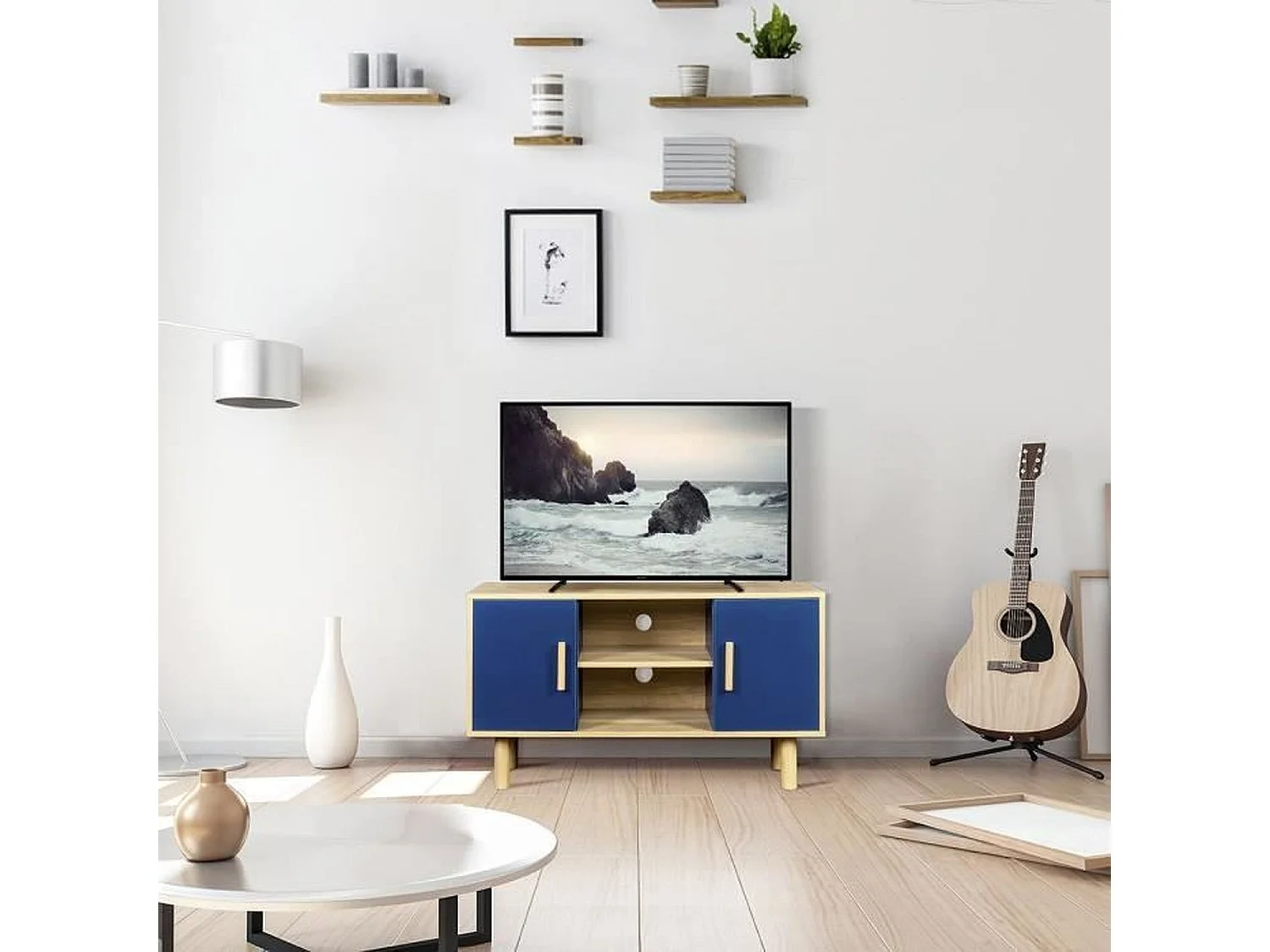 Meuble TV LILA - 2 portes - mélaminé Bleu - Pieds en bois massif - 90 x 35 x 55 cm