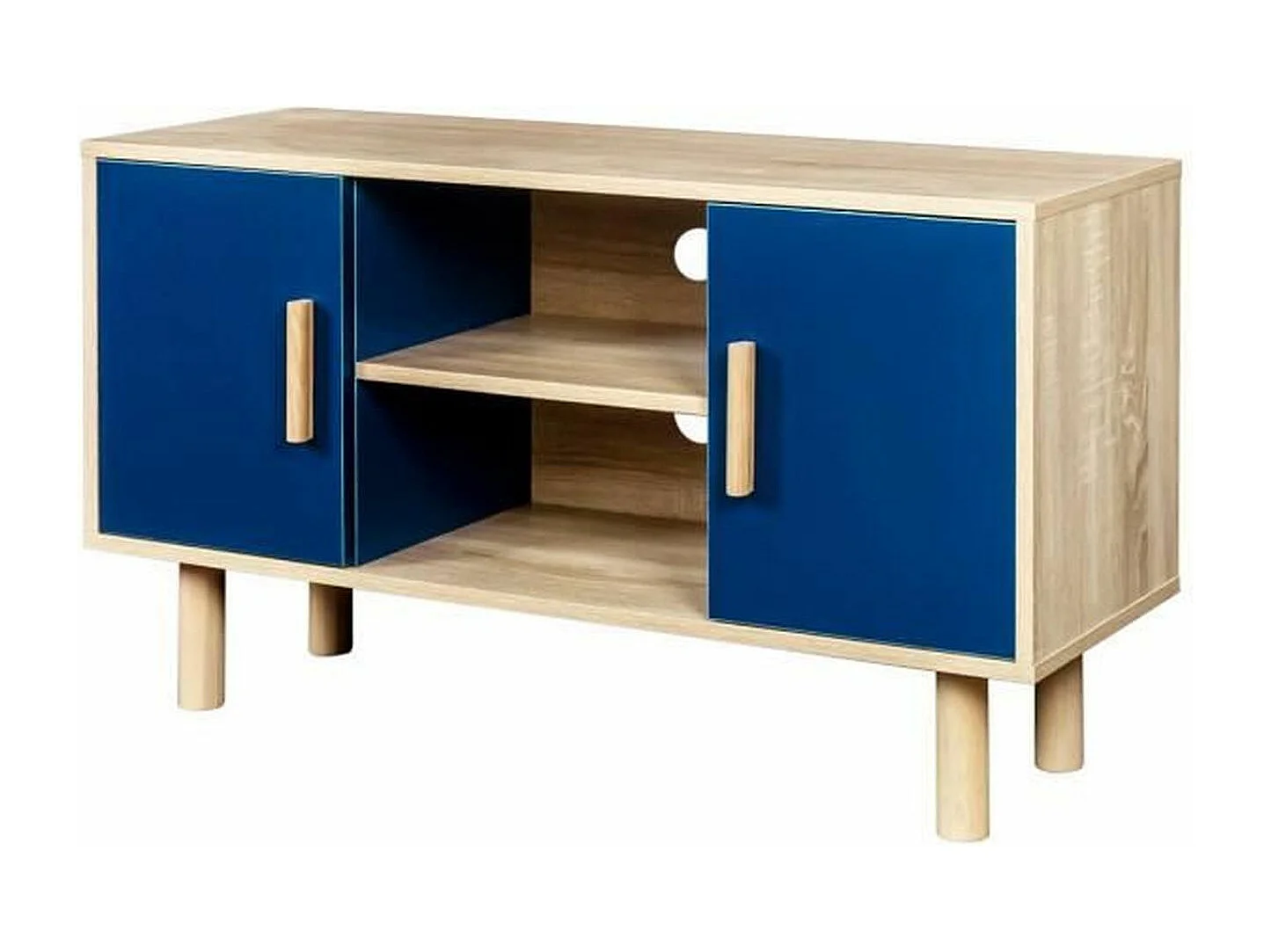 Meuble TV LILA - 2 portes - mélaminé Bleu - Pieds en bois massif - 90 x 35 x 55 cm