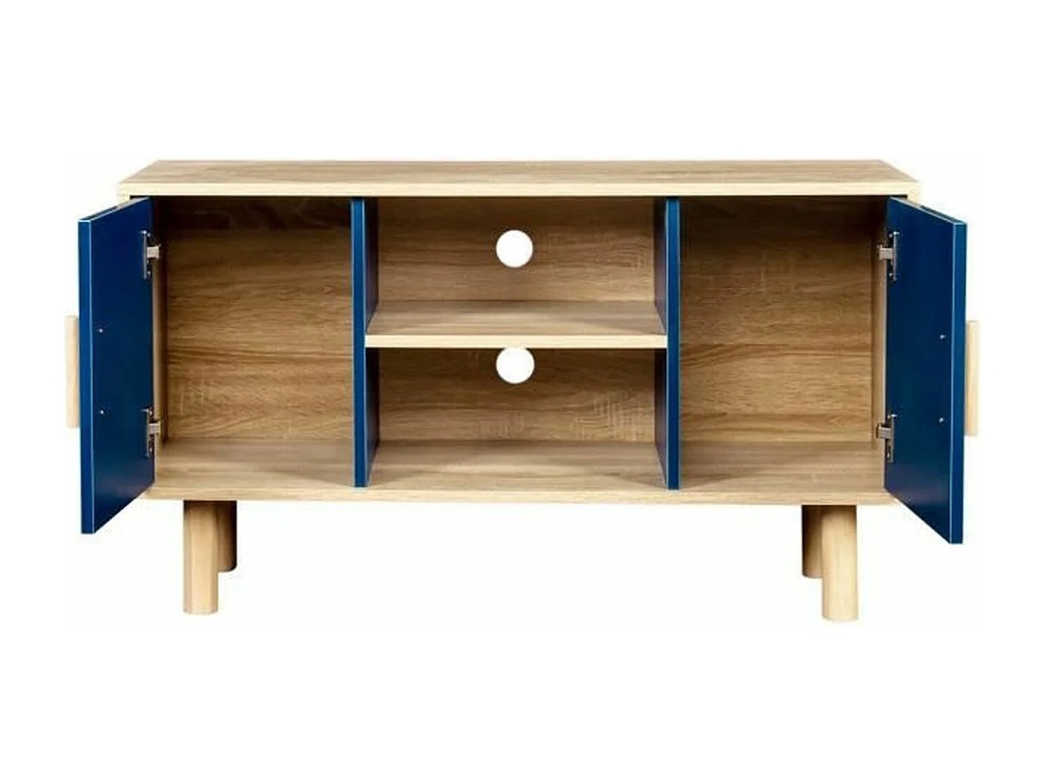 Meuble TV LILA - 2 portes - mélaminé Bleu - Pieds en bois massif - 90 x 35 x 55 cm