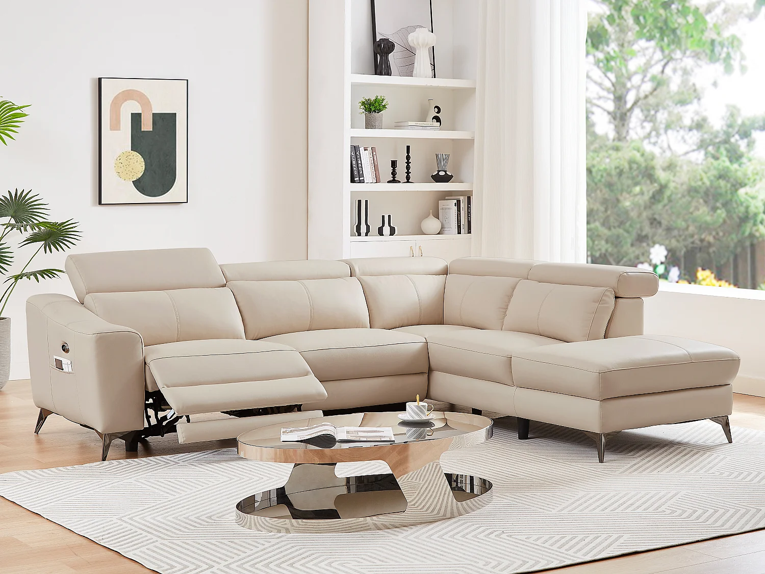 Ecksofa mit elektrischer Relaxfunktion - Ecke rechts - Leder - Cremefarben - FORLO