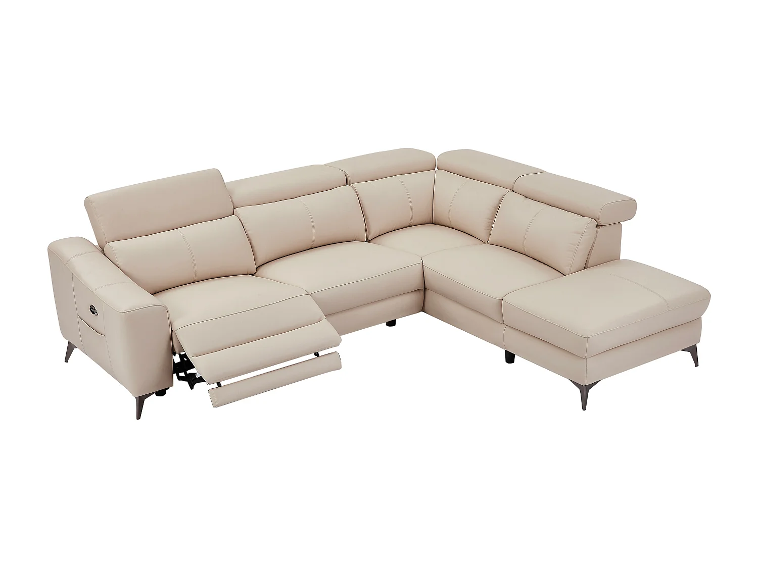 Hörnsoffa högerställd i krämvit läder med elektrisk relaxfunktion FORLO