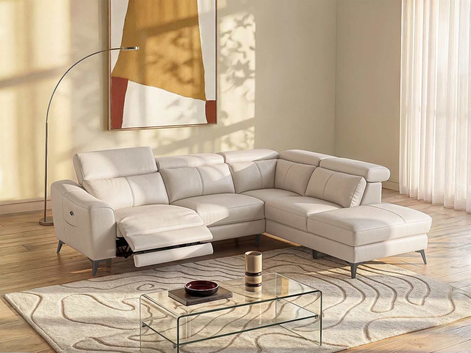 Ecksofa mit elektrischer Relaxfunktion - Ecke rechts - Leder - Cremefarben - FORLO