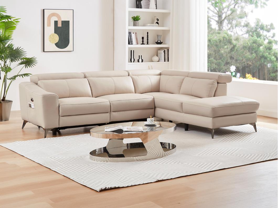 Ecksofa mit elektrischer Relaxfunktion - Ecke rechts - Leder - Cremefarben - FORLO