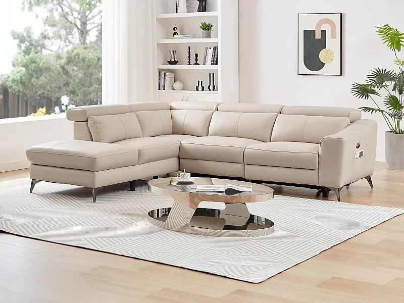 Elektrische relaxhoekbank met linkse hoek – Crèmewit leder – FORLO