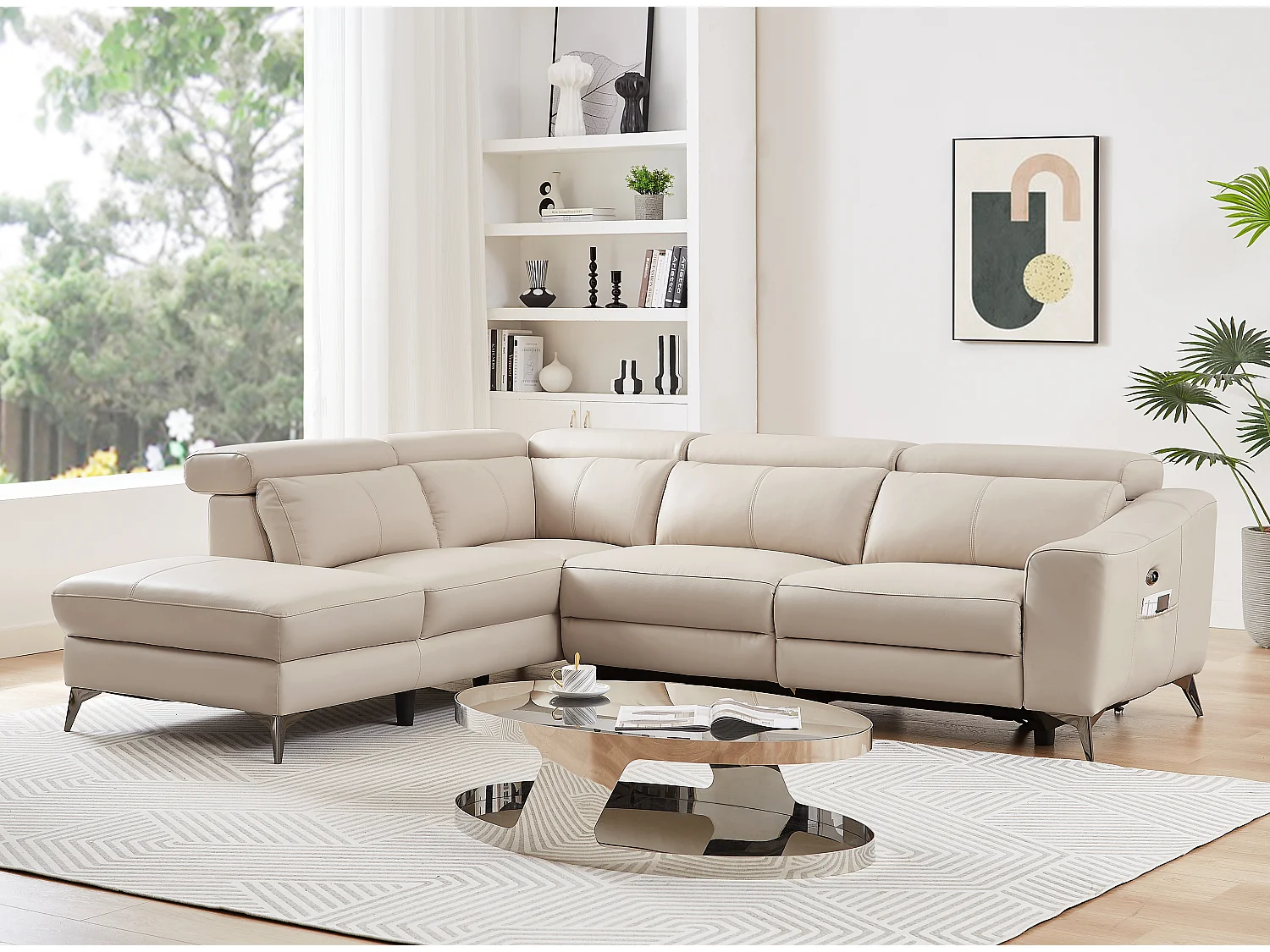 Canapé d'angle gauche relax électrique en cuir crème FORLO