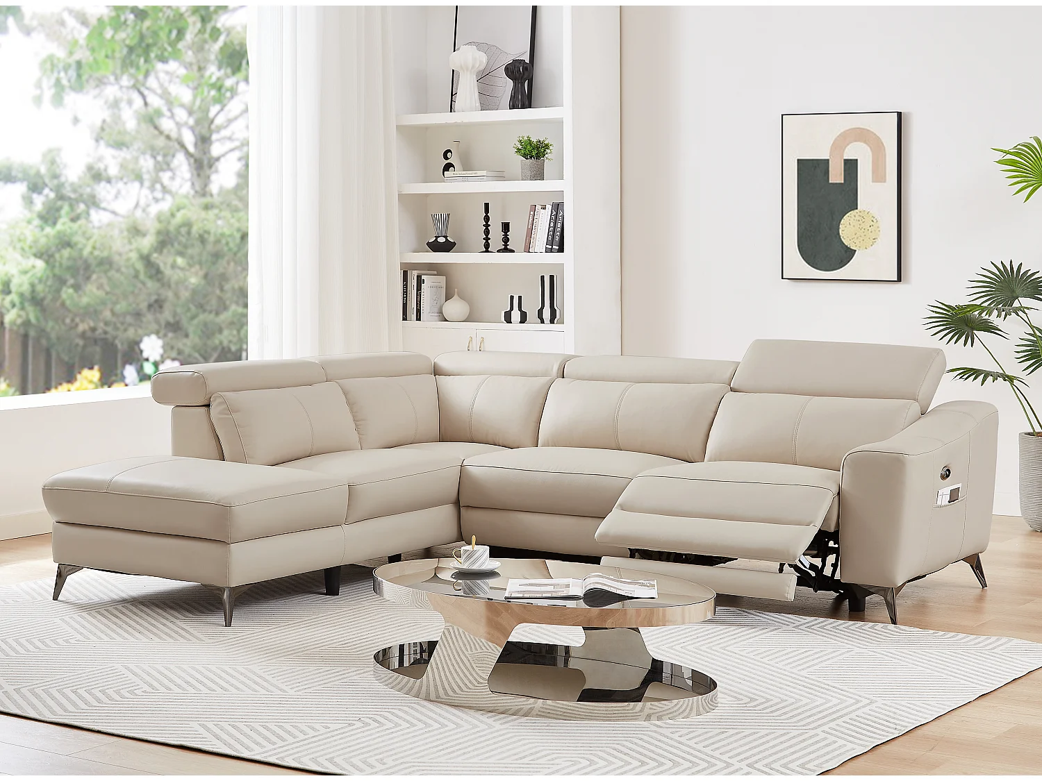 Canapé d'angle gauche relax électrique en cuir crème FORLO