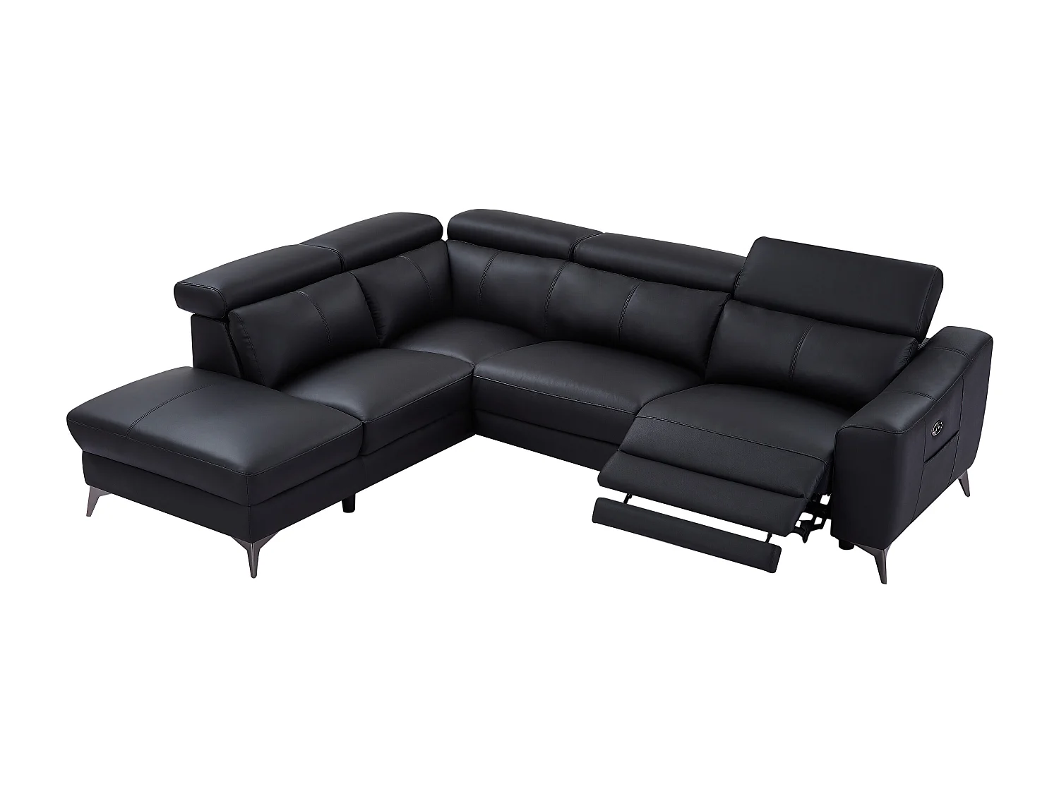 Vänstervänd hörnsoffa i svart läder med elektrisk lutningsfunktion FORLO