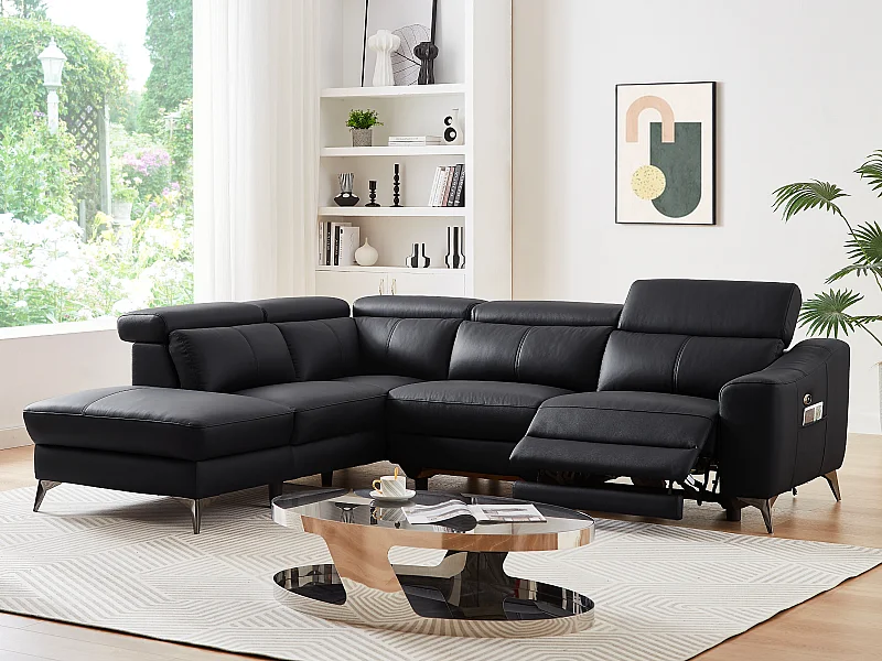Vänstervänd hörnsoffa i svart läder med elektrisk lutningsfunktion FORLO