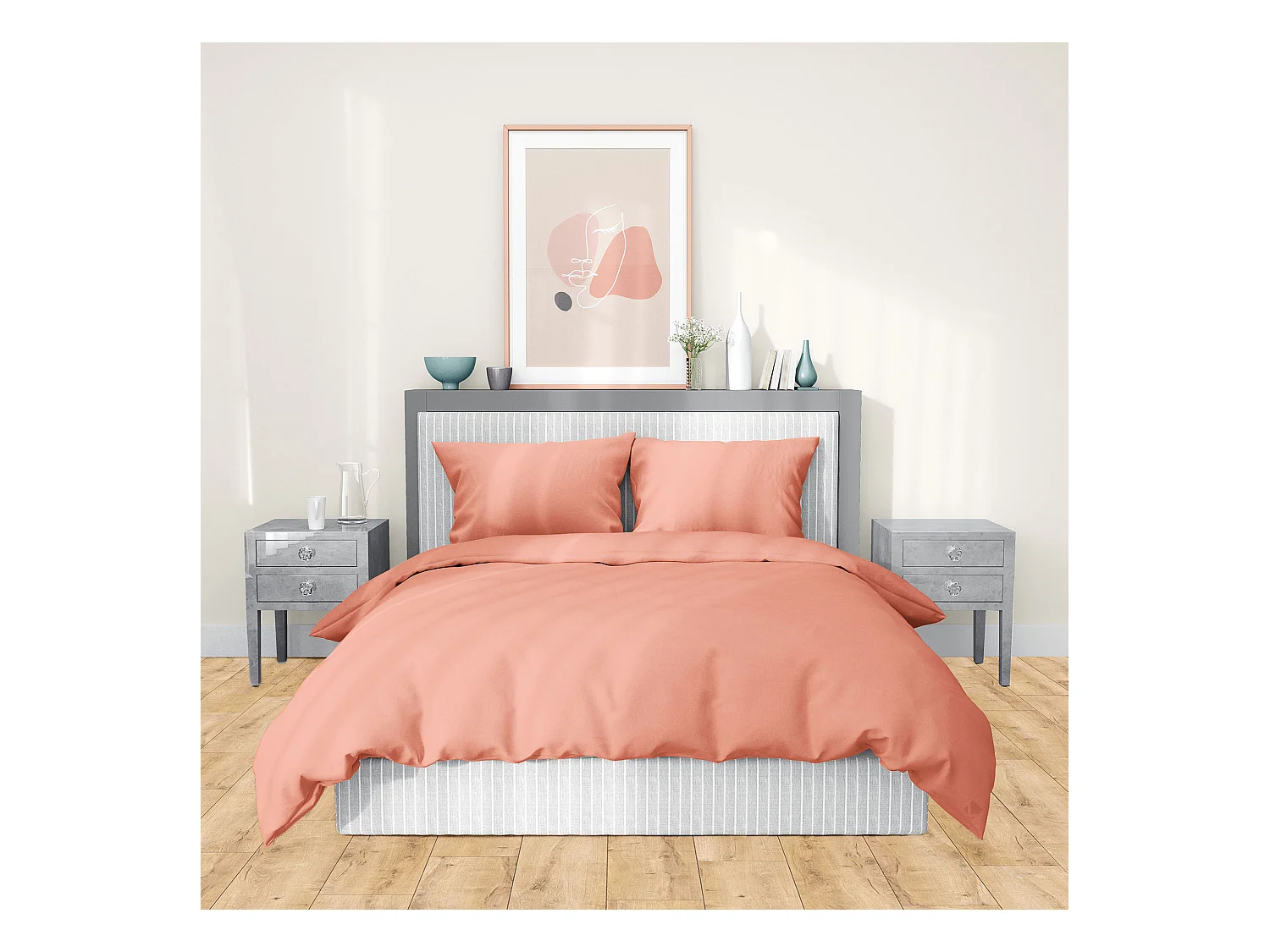 Parure de lit 260x240 cm satin de coton SAPRI rose thé 3 pièces
