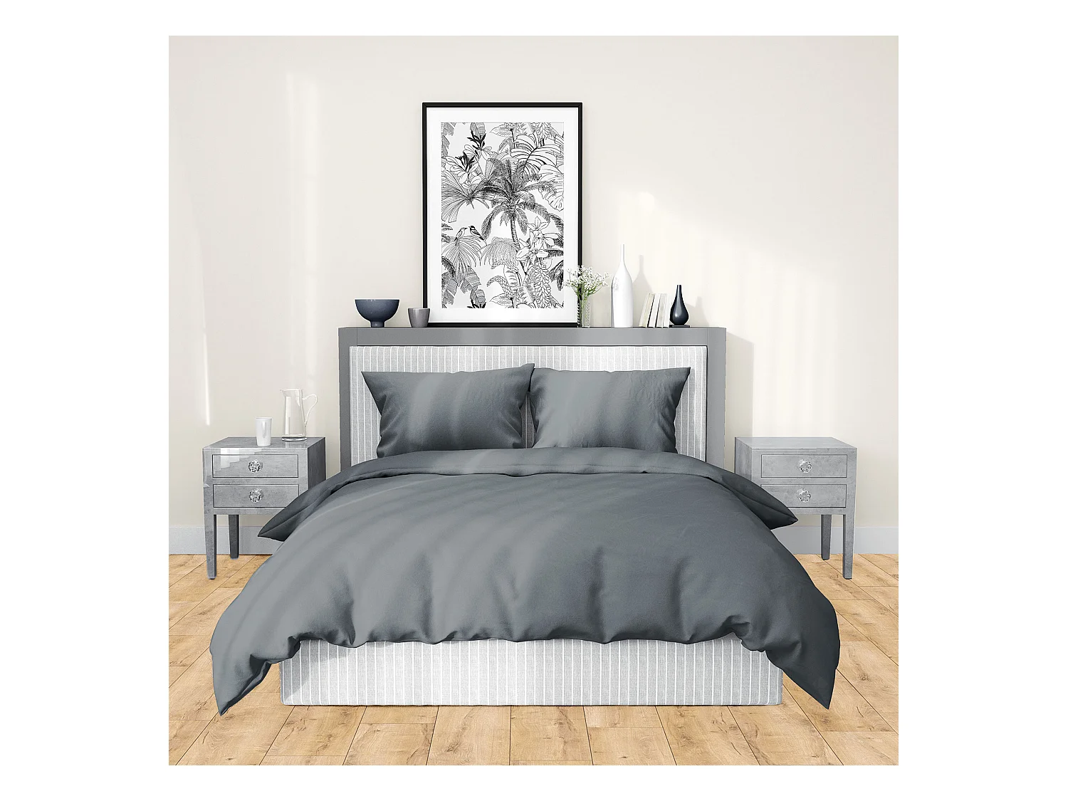 Parure de lit 240x220 cm satin de coton SAPRI gris acier 3 pièces