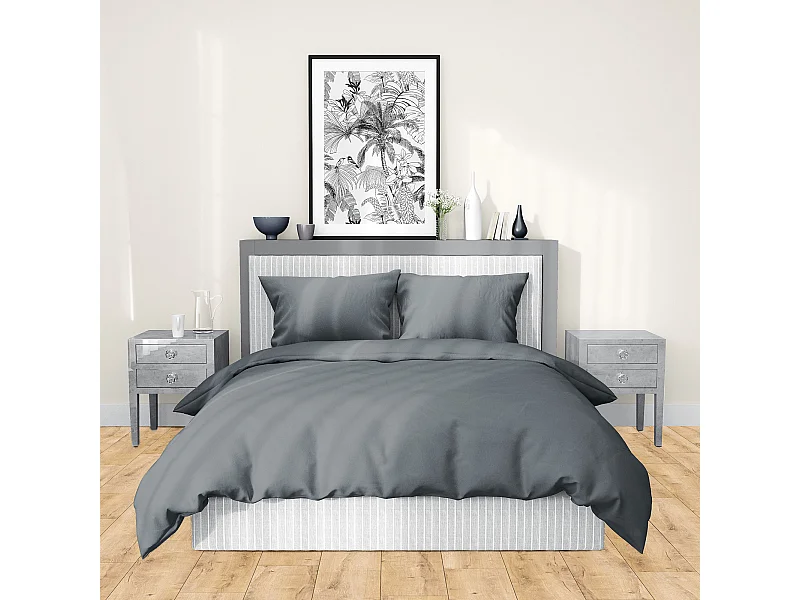 Parure de lit 240x220 cm satin de coton SAPRI gris acier 3 pièces
