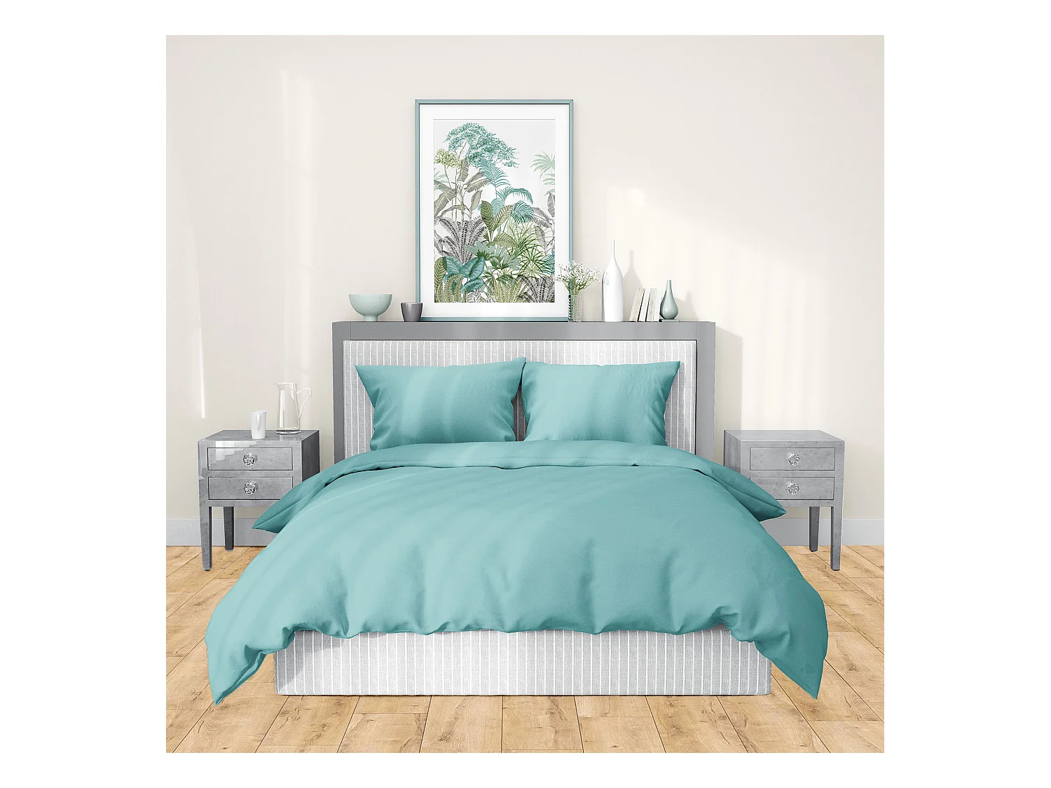 Parure de lit 240x220 cm satin de coton SAPRI vert céladon 3 pièces