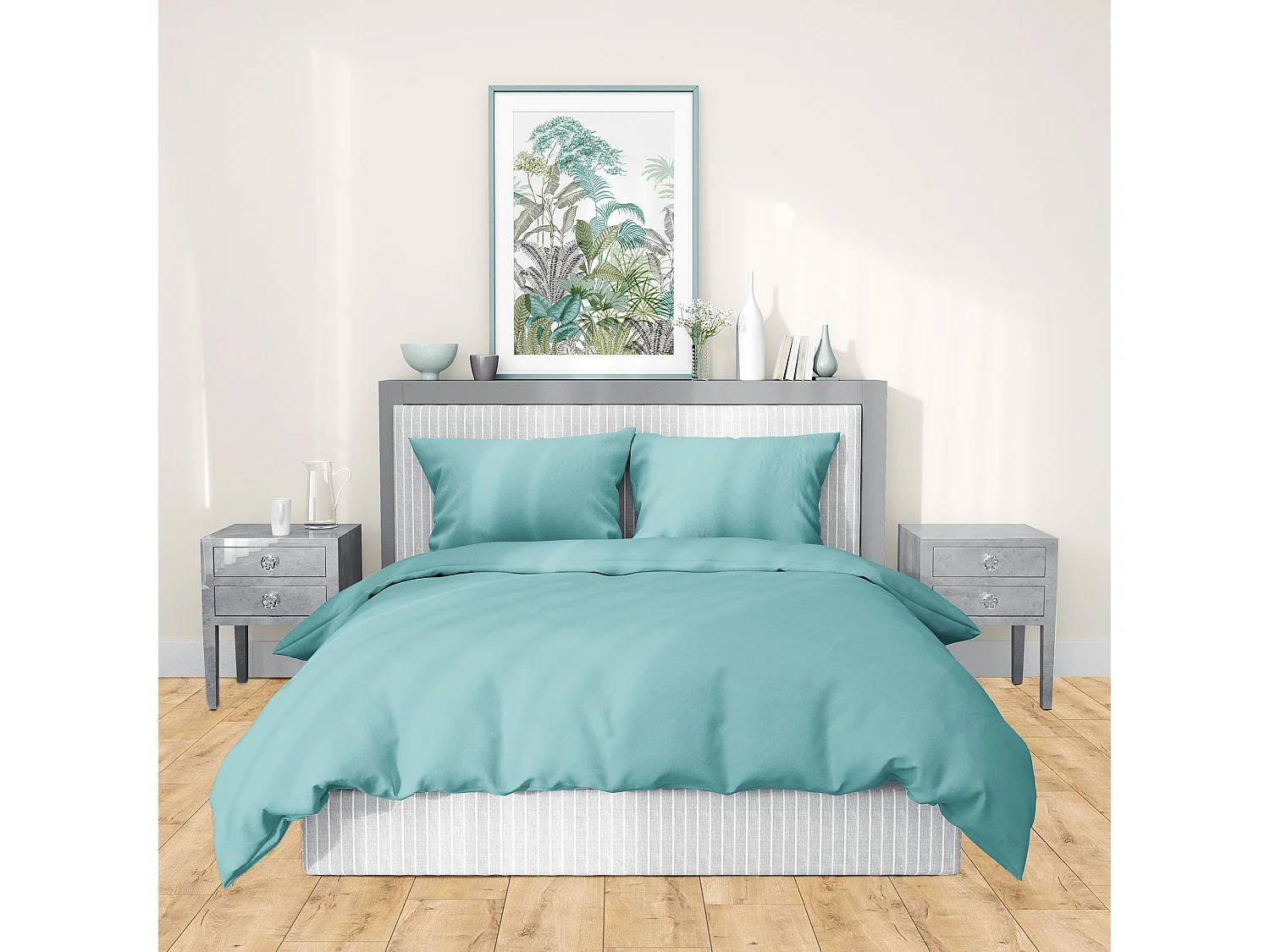 Parure de lit 240x220 cm satin de coton SAPRI vert céladon 3 pièces