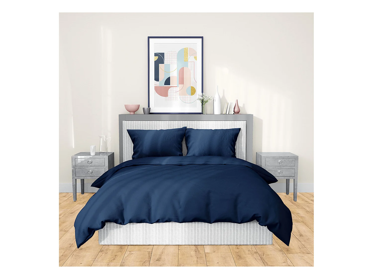 Parure de lit 240x220 cm satin de coton SAPRI bleu indigo 3 pièces