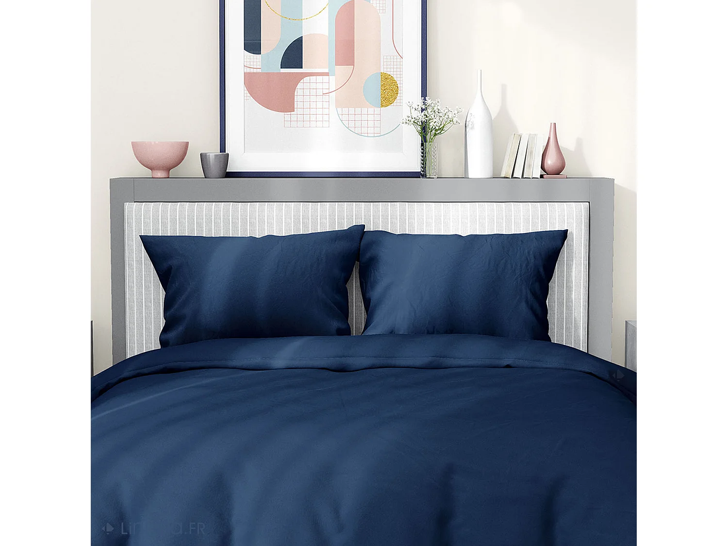 Parure de lit 240x220 cm satin de coton SAPRI bleu indigo 3 pièces