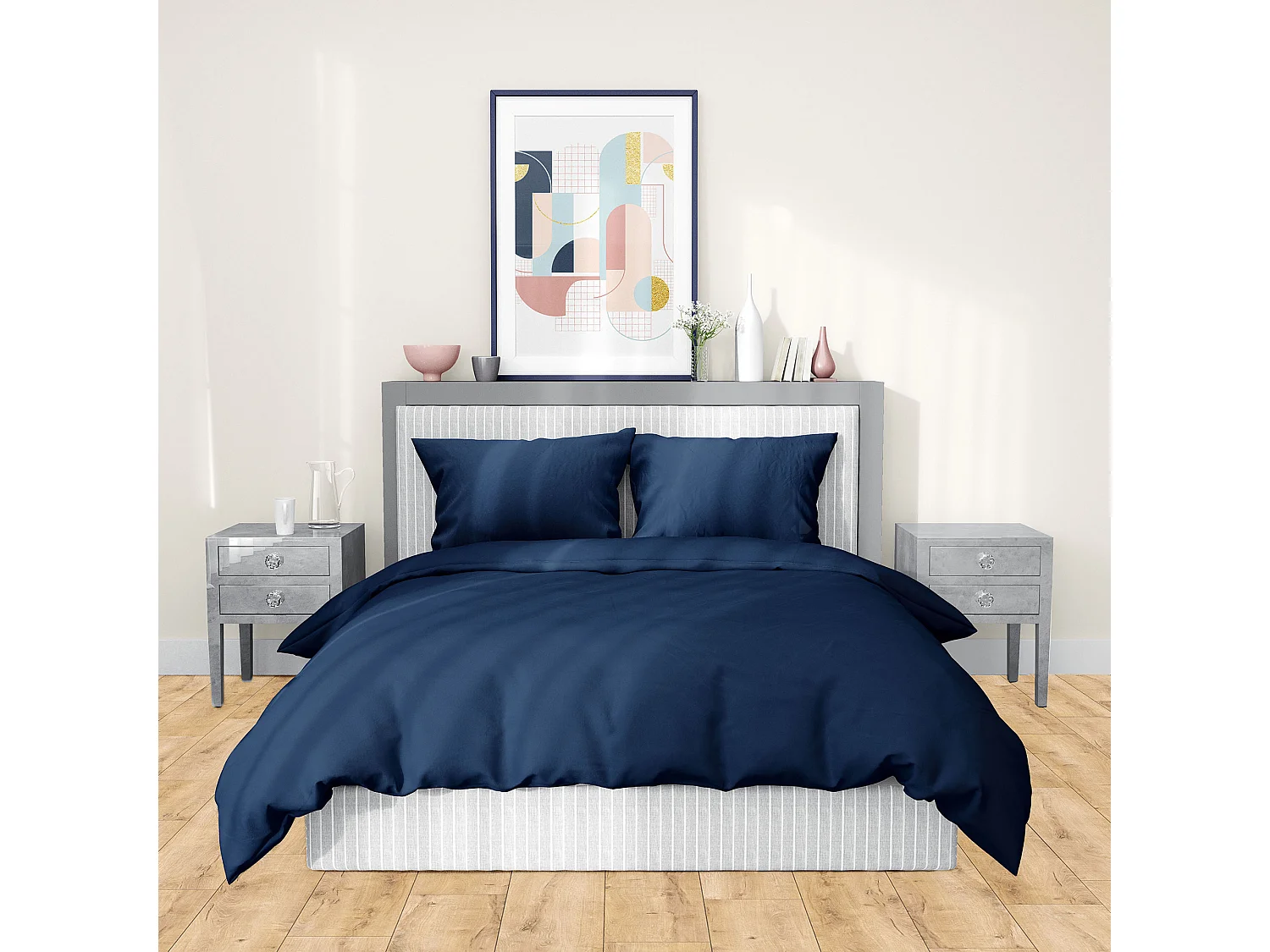 Parure de lit 240x220 cm satin de coton SAPRI bleu indigo 3 pièces