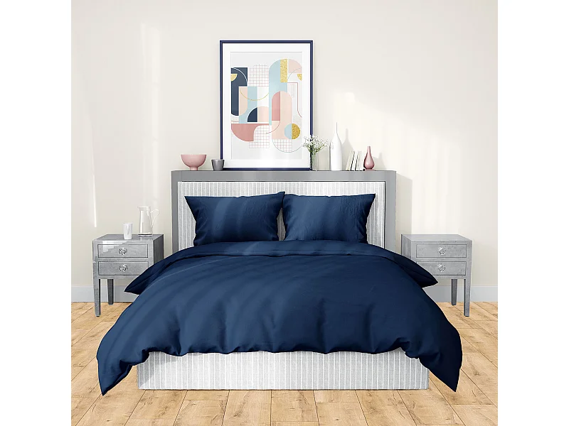 Parure de lit 240x220 cm satin de coton SAPRI bleu indigo 3 pièces