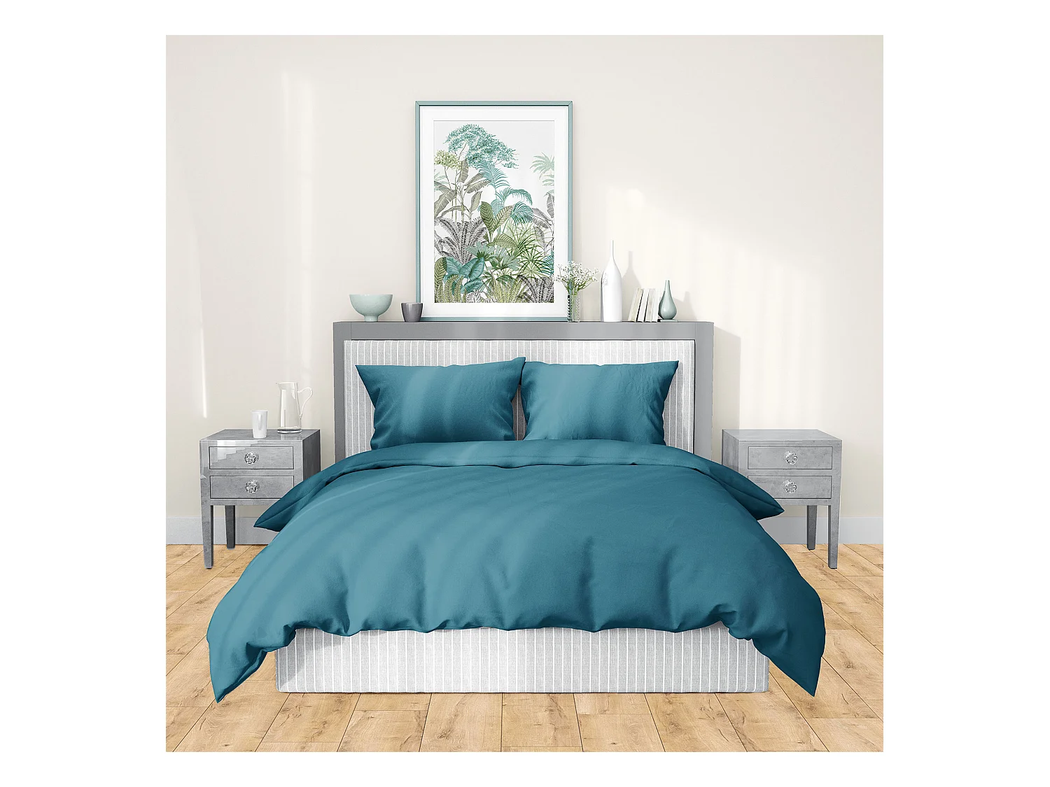 Parure de lit 240x220 cm satin de coton SAPRI vert horizon 3 pièces