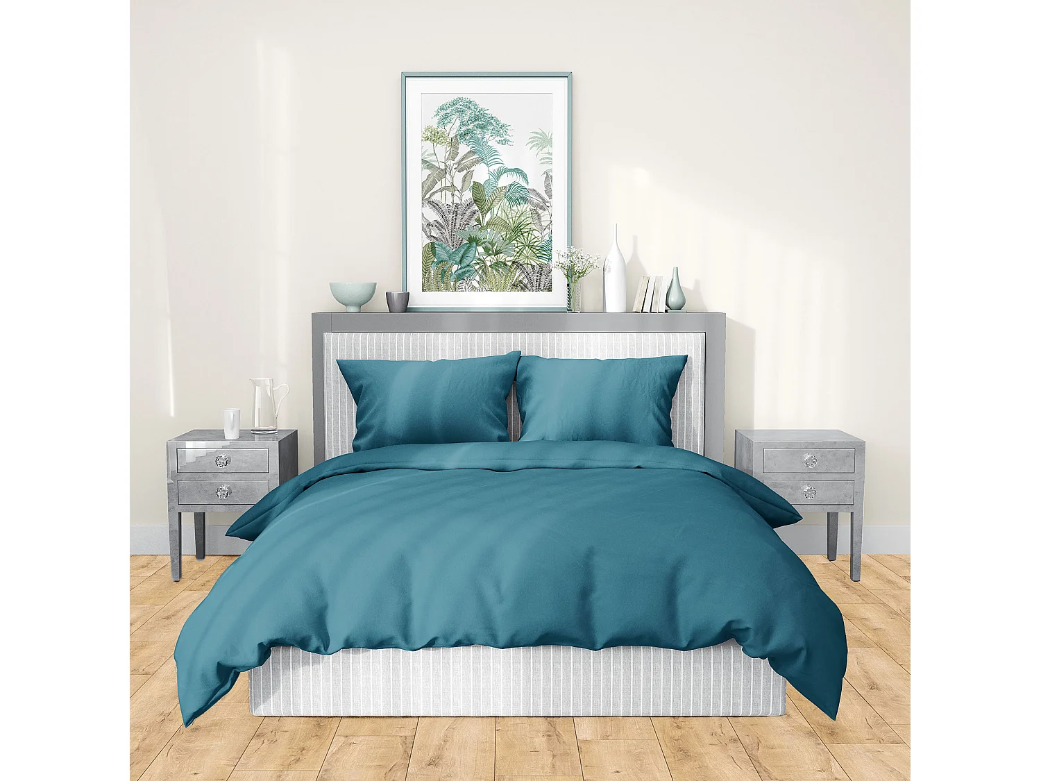 Parure de lit 240x220 cm satin de coton SAPRI vert horizon 3 pièces