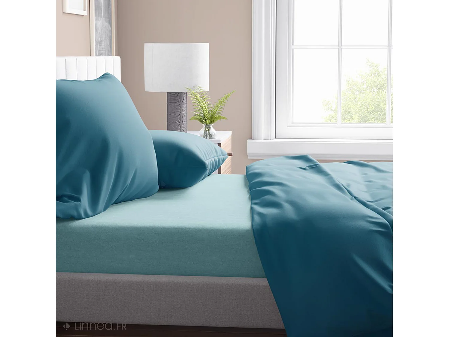 Parure de lit 240x220 cm satin de coton SAPRI vert horizon 3 pièces