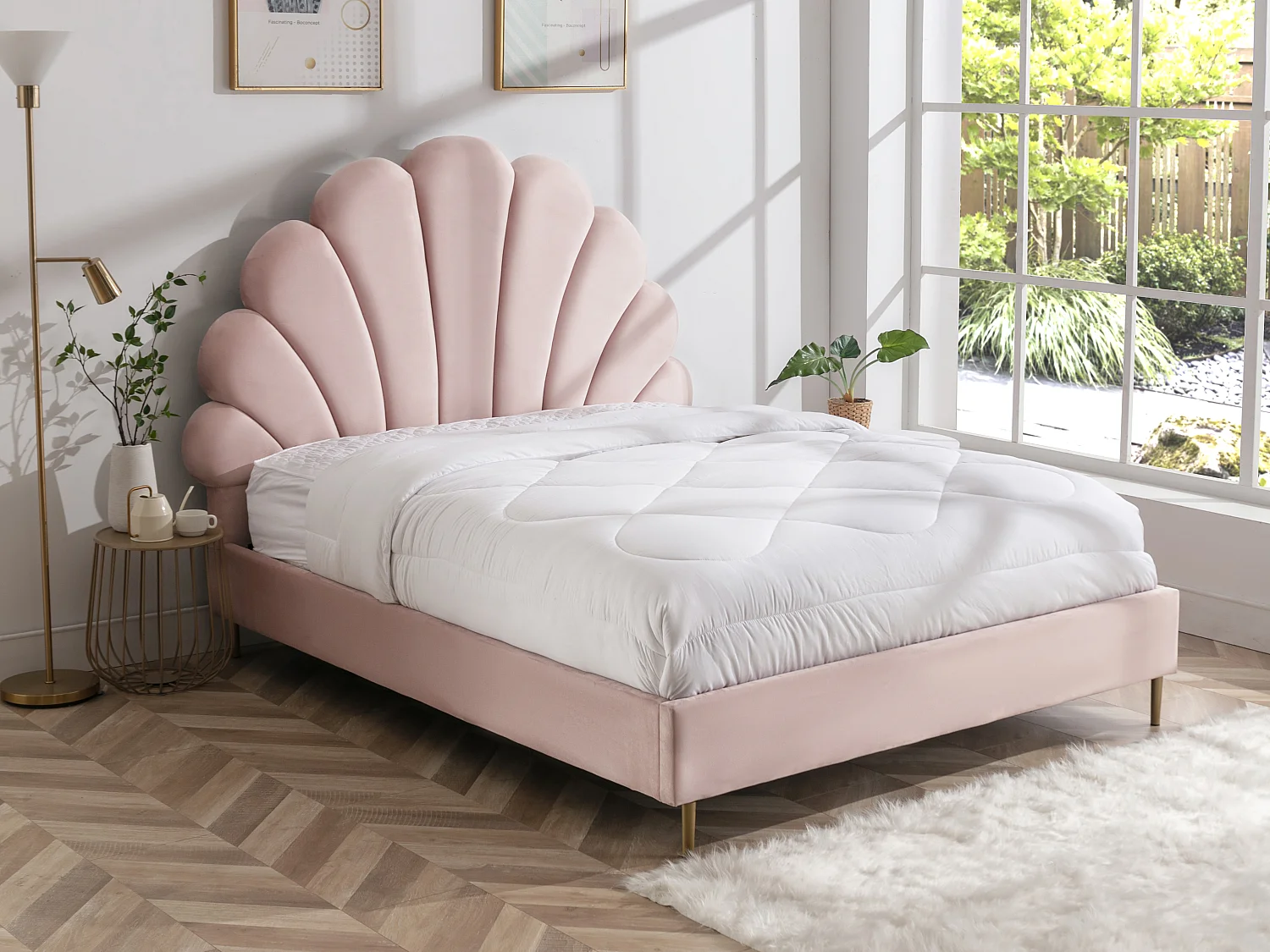 Lit coquillage 140 x 190 cm  - Velours - Rose - LIVAYA