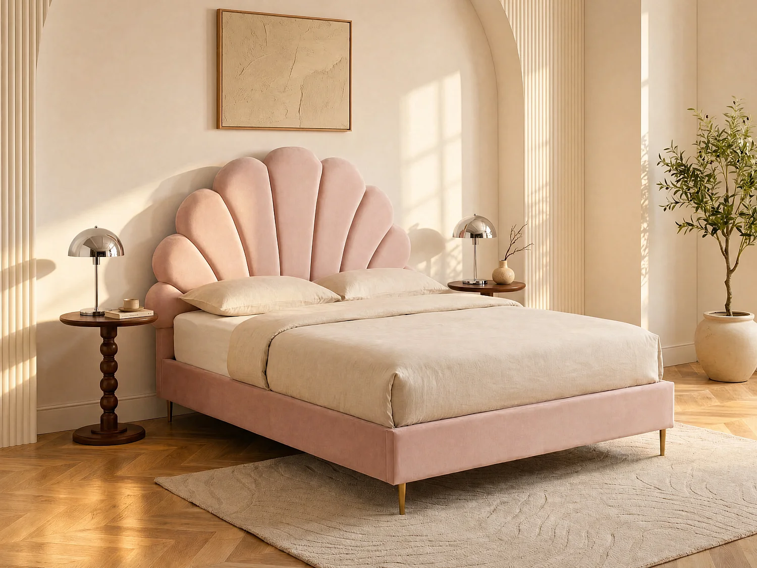 Lit coquillage 140 x 190 cm  - Velours - Rose - LIVAYA