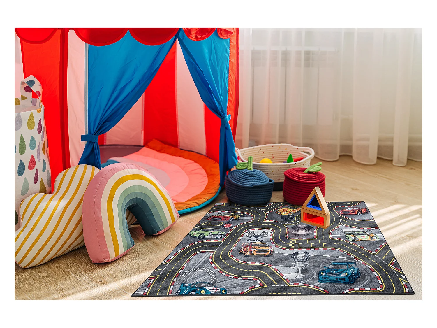 REBEL ROADS TAPIJT Racers 97 Straten, auto's antislip voor kinderen -  95x200 cm