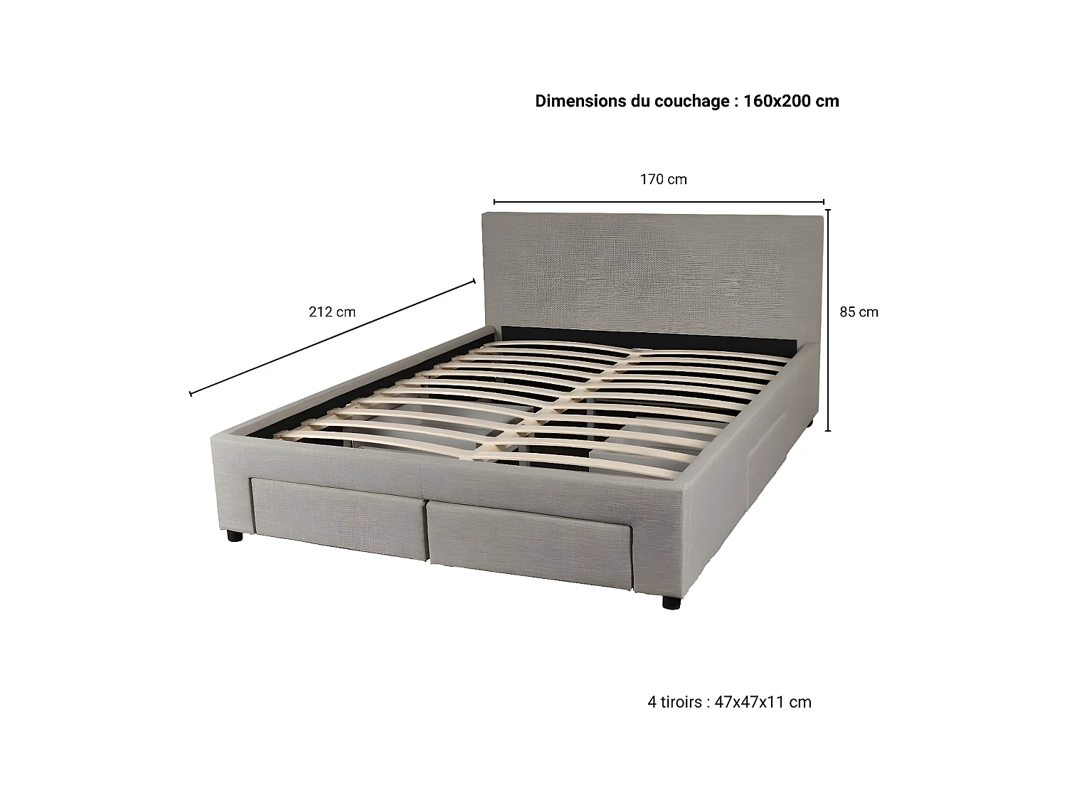 Lit LUGANO 160x200 + 1 sommier + 4 tiroirs / Gris clair