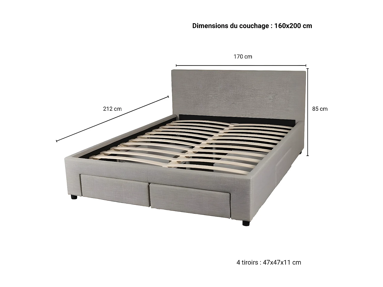 Lit LUGANO 160x200 + 1 sommier + 4 tiroirs / Gris clair