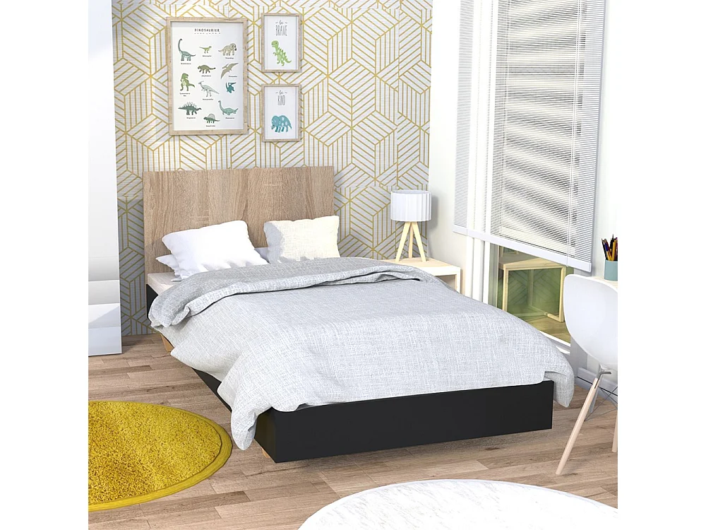 Lit LOFT 90x190 cm + sommier / Décor Noir & chêne blanchi