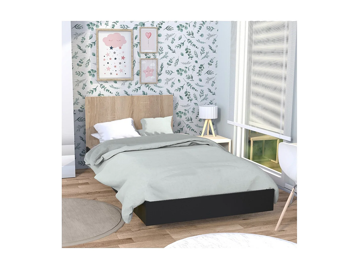 Lit LOFT 90x190 cm + sommier / Décor Noir & chêne blanchi