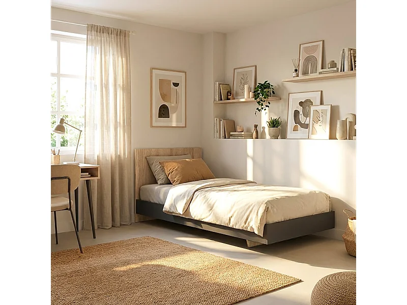 Lit LOFT 90x190 cm + sommier / Décor Noir & chêne blanchi