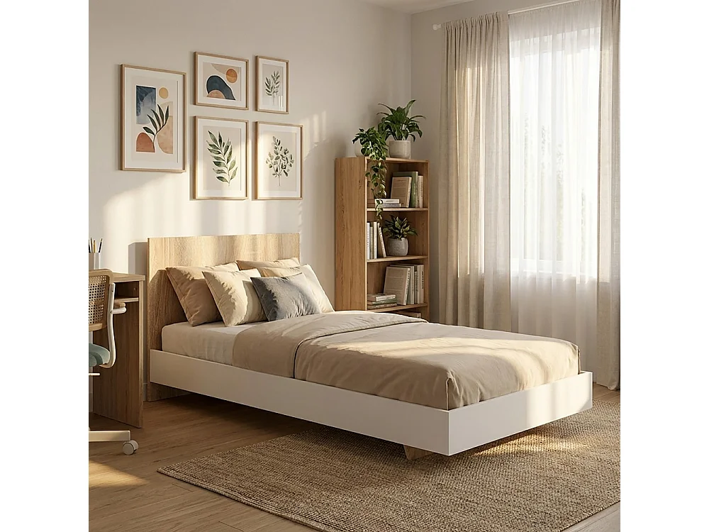 Lit LOFT 90x190 cm + sommier / Décor Blanc & chêne blanchi