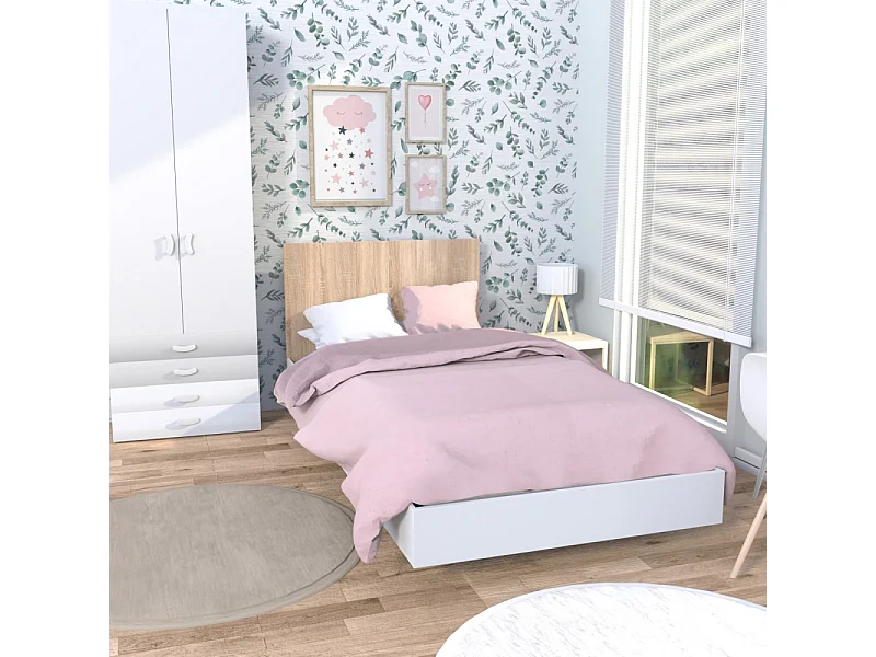 Lit LOFT 90x190 cm + sommier / Décor Blanc & chêne blanchi