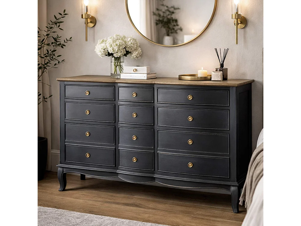 Commode 9 tiroirs maddy 140x45x90 cm gris